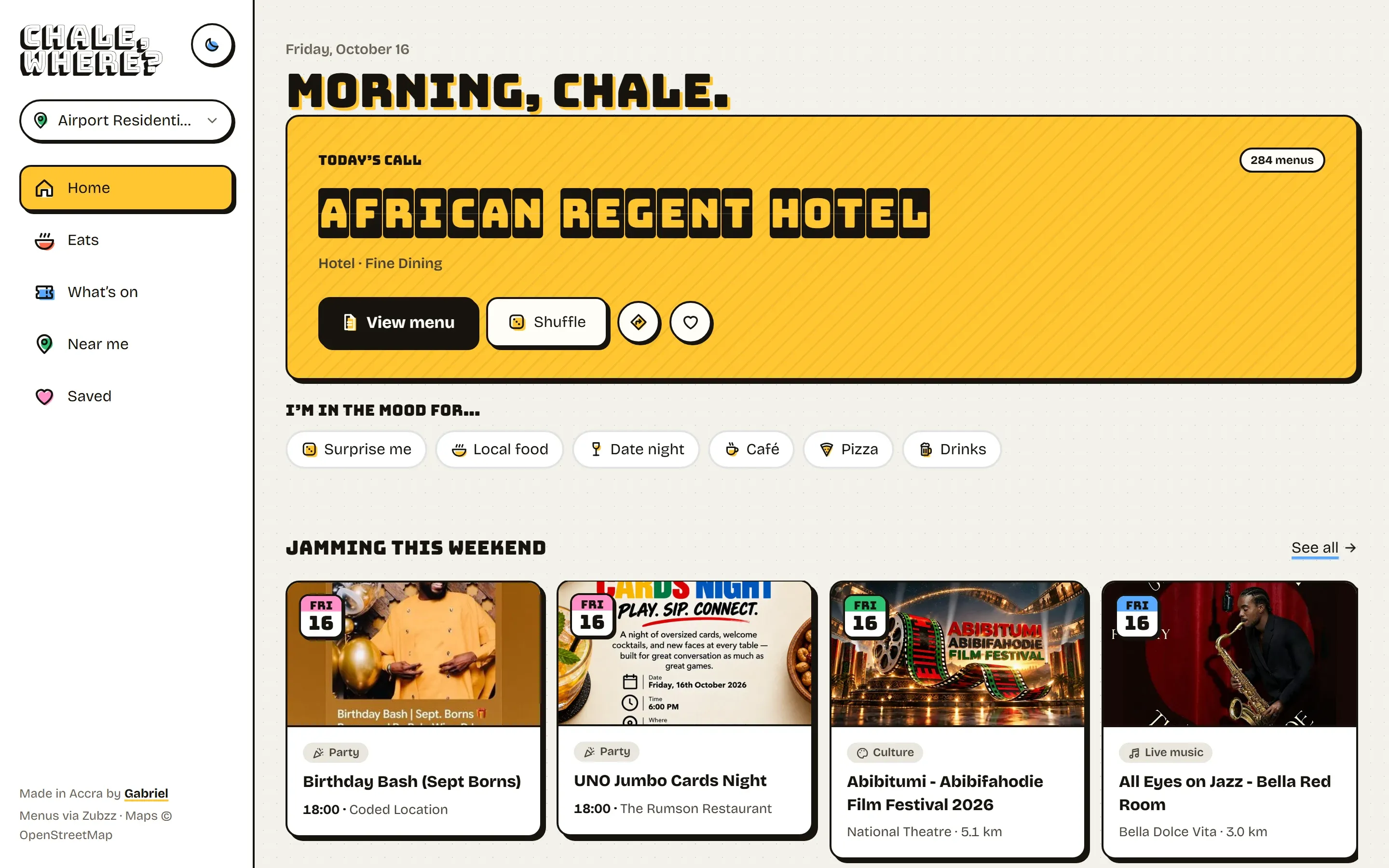 Chale, where? on desktop: "Morning, chale." above a yellow card that picks African Regent Hotel, with this weekend’s events below.