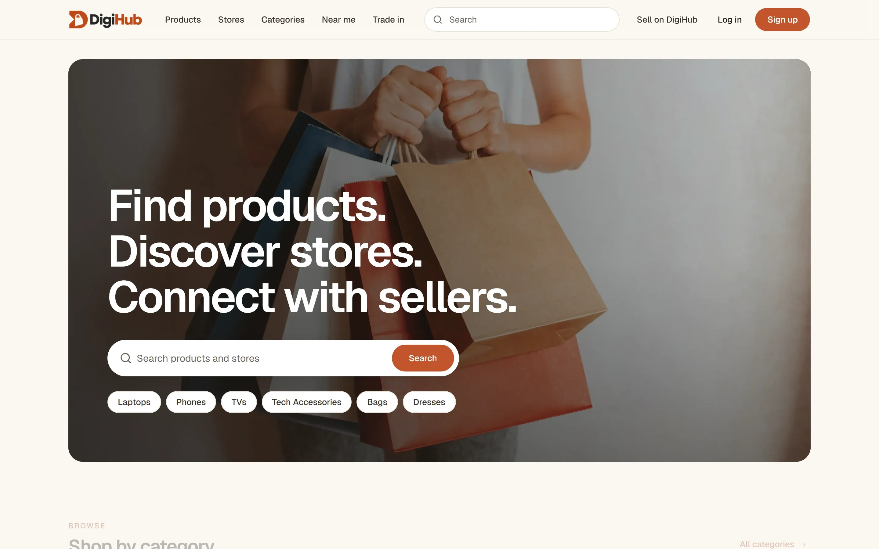 DigiHub home page on desktop: the headline "Find products. Discover stores. Connect with sellers." with a search field and category chips.