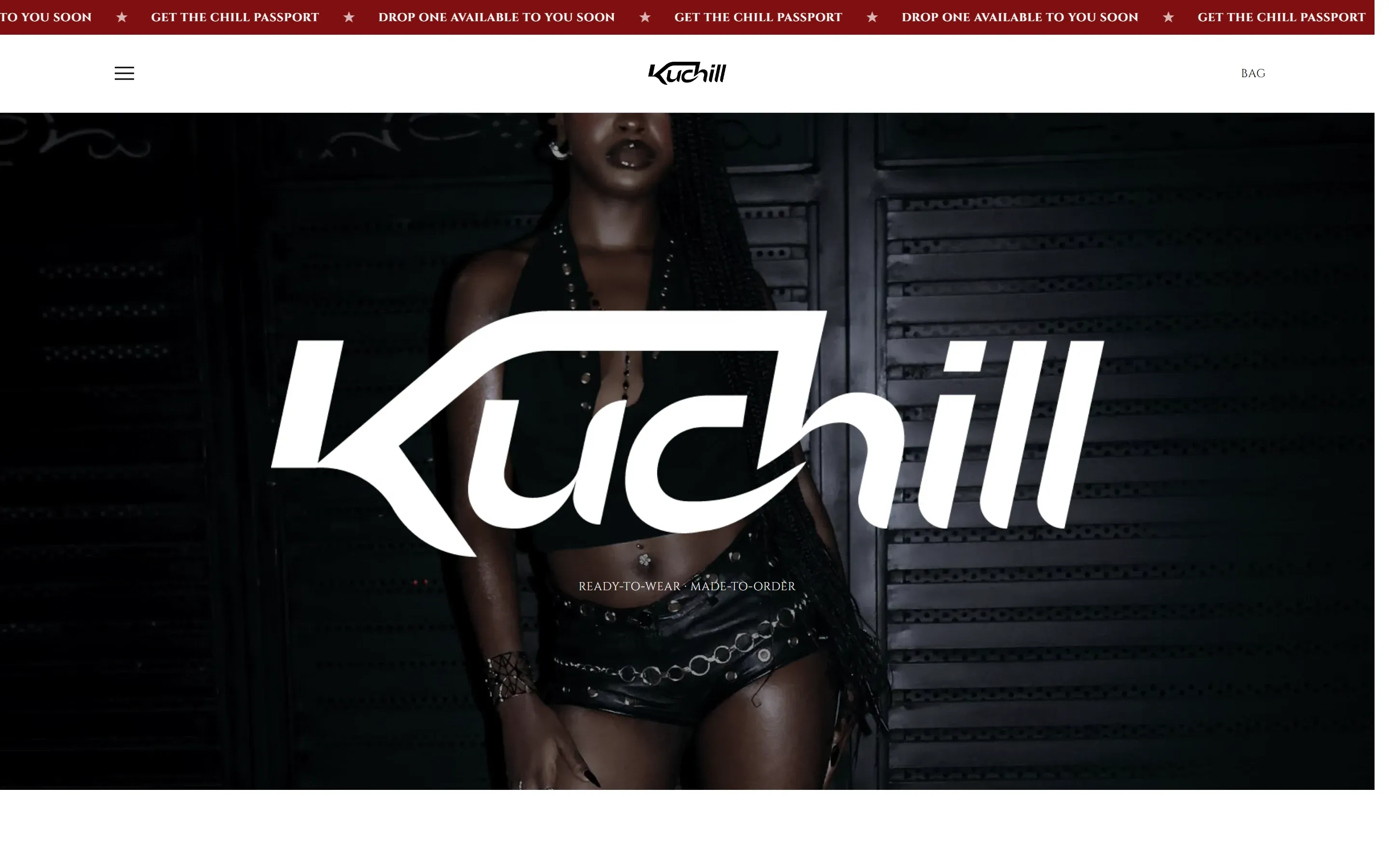 KUCHILL home page on desktop: the KUCHILL wordmark over a full-bleed campaign photo, under a red announcement bar.